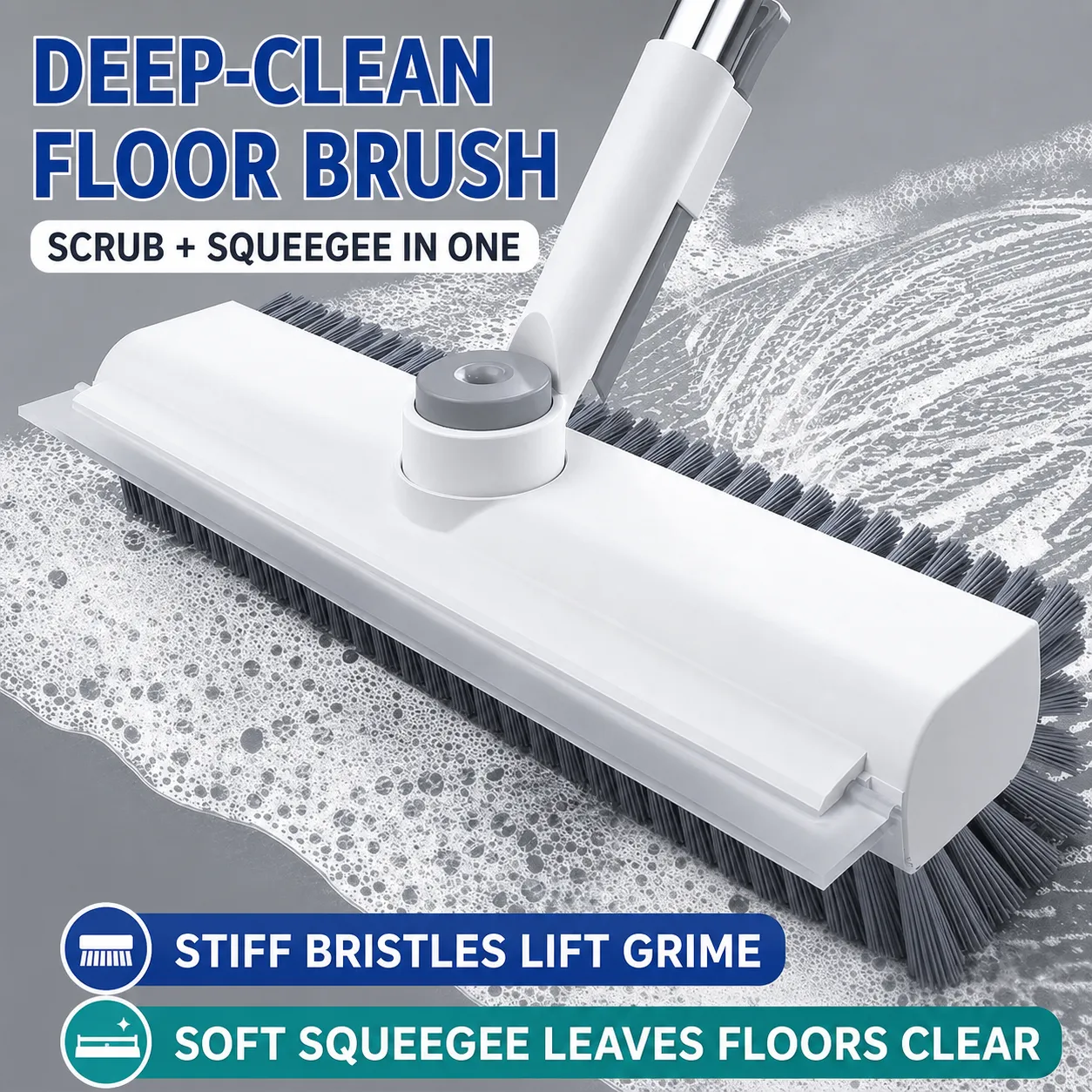 Clean White floor scrub brush option with stiff bristles and squeegee