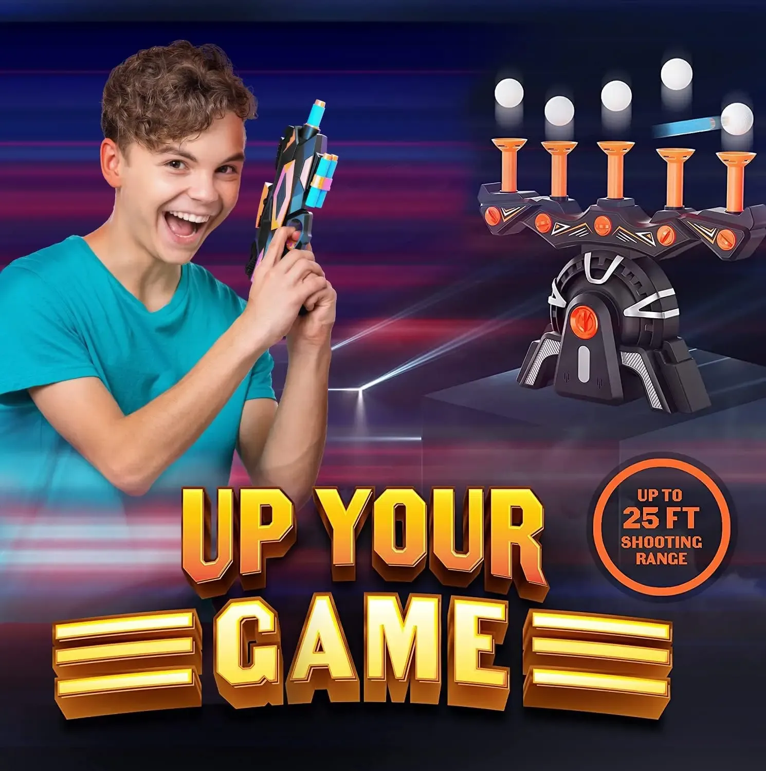 Child aiming a foam blaster at hovering targets