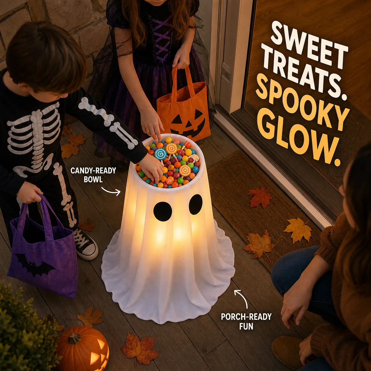 Children reaching into a glowing ghost candy bowl at a home entry