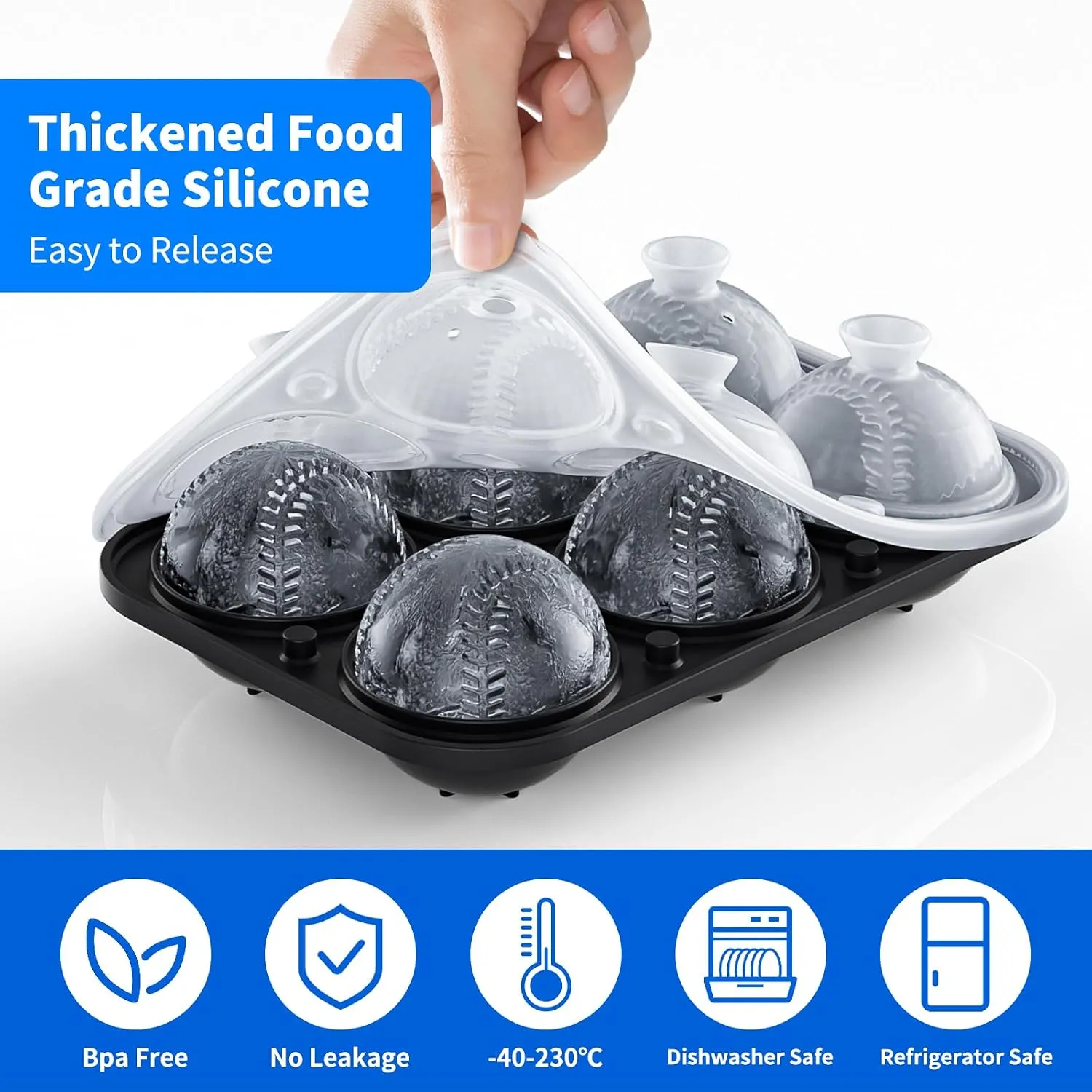 Flexible silicone baseball ice mold releasing finished spheres