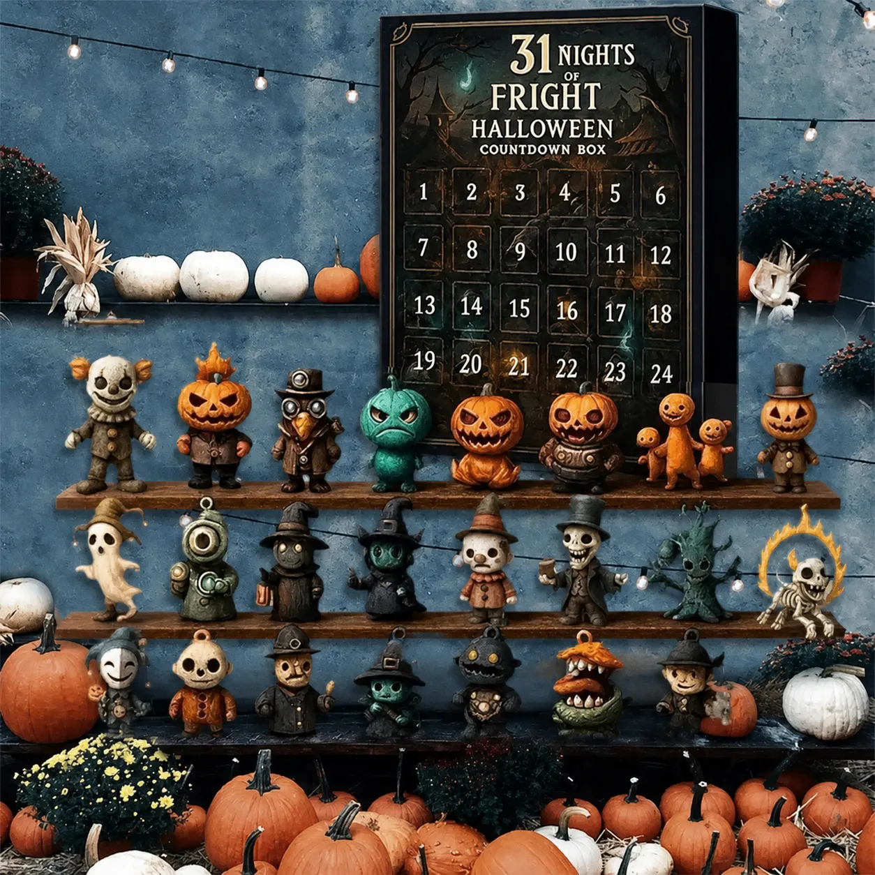 Full Halloween collectible display with pumpkins