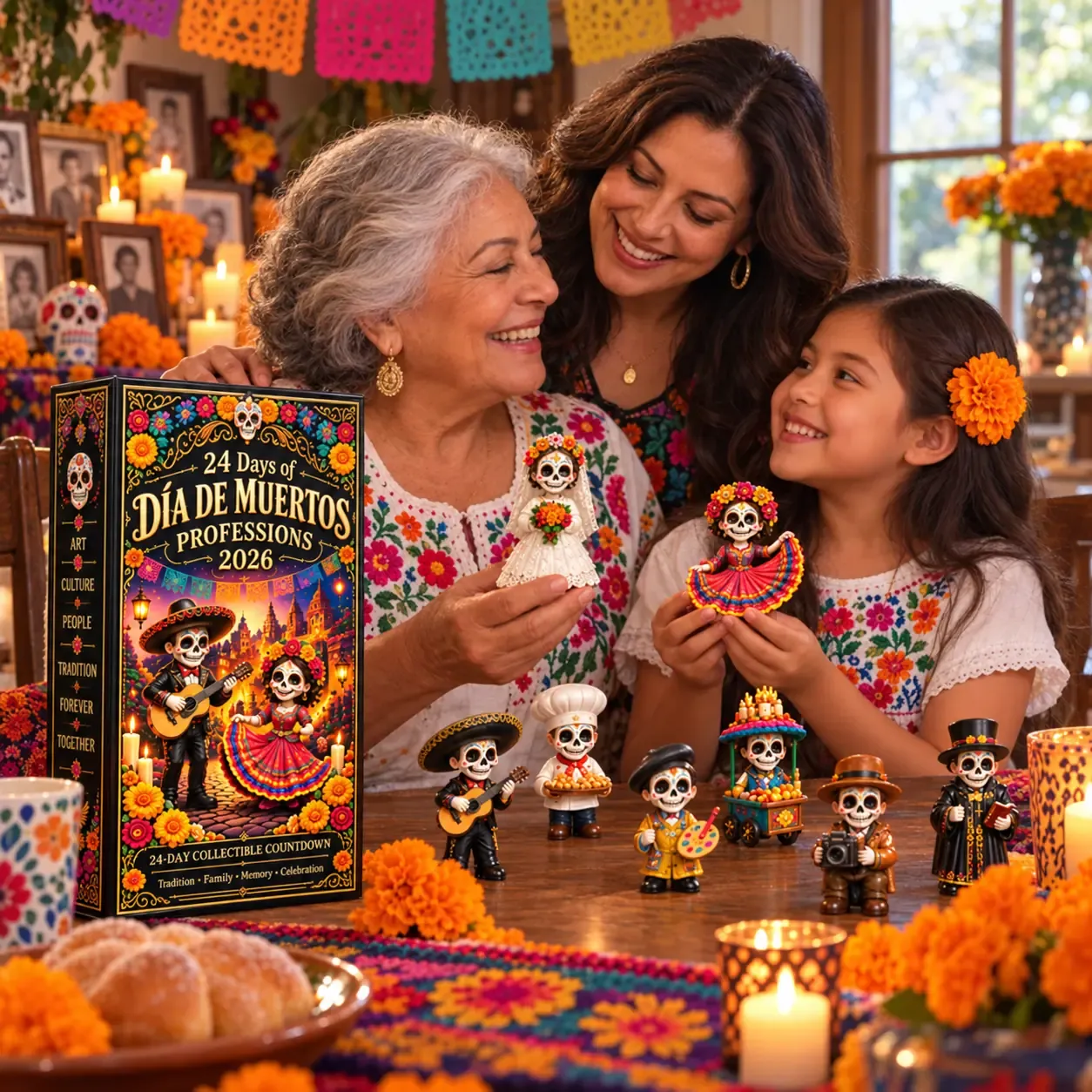 Three generations sharing Día de Muertos collectible figures together