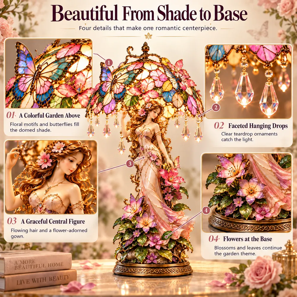Four-detail infographic showing the colorful shade, faceted hanging drops, graceful central figure and flowers at the base
