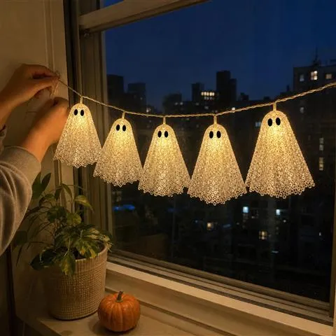 Adult hands hanging lace ghost lights across an apartment window