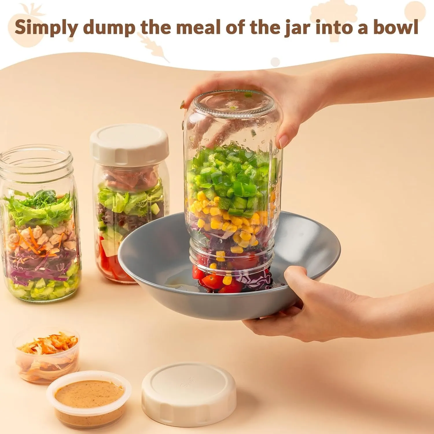 Layered salad being poured from the glass jar into a bowl