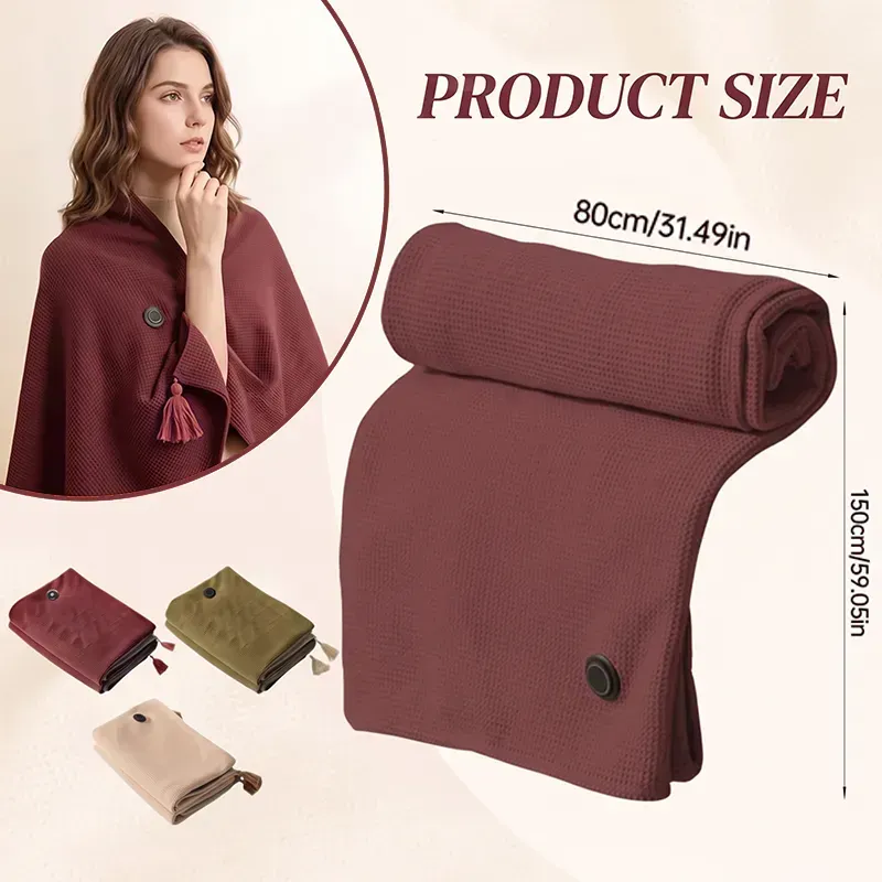 Product size diagram showing an 80 by 150 centimeter heated shawl
