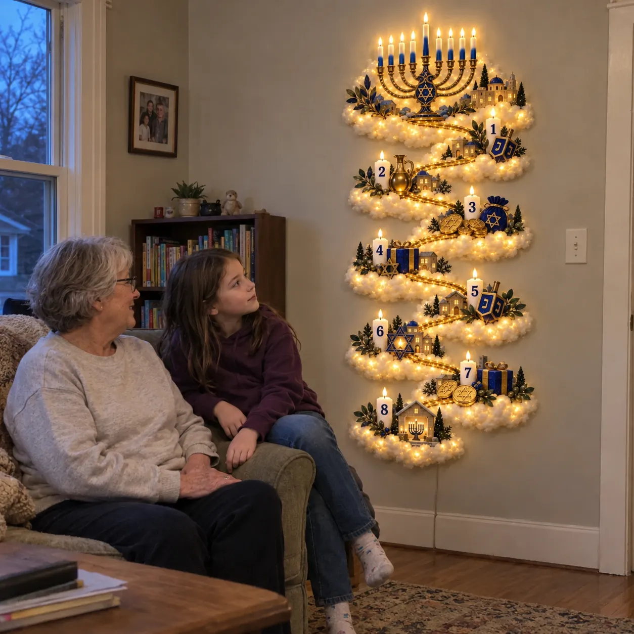 AI-generated scene of a grandmother and granddaughter beside Eight Nights of Light Hanukkah wall decor