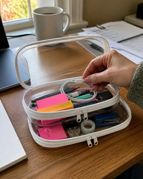 Clear organizers holding desk supplies and charging cables in a home office