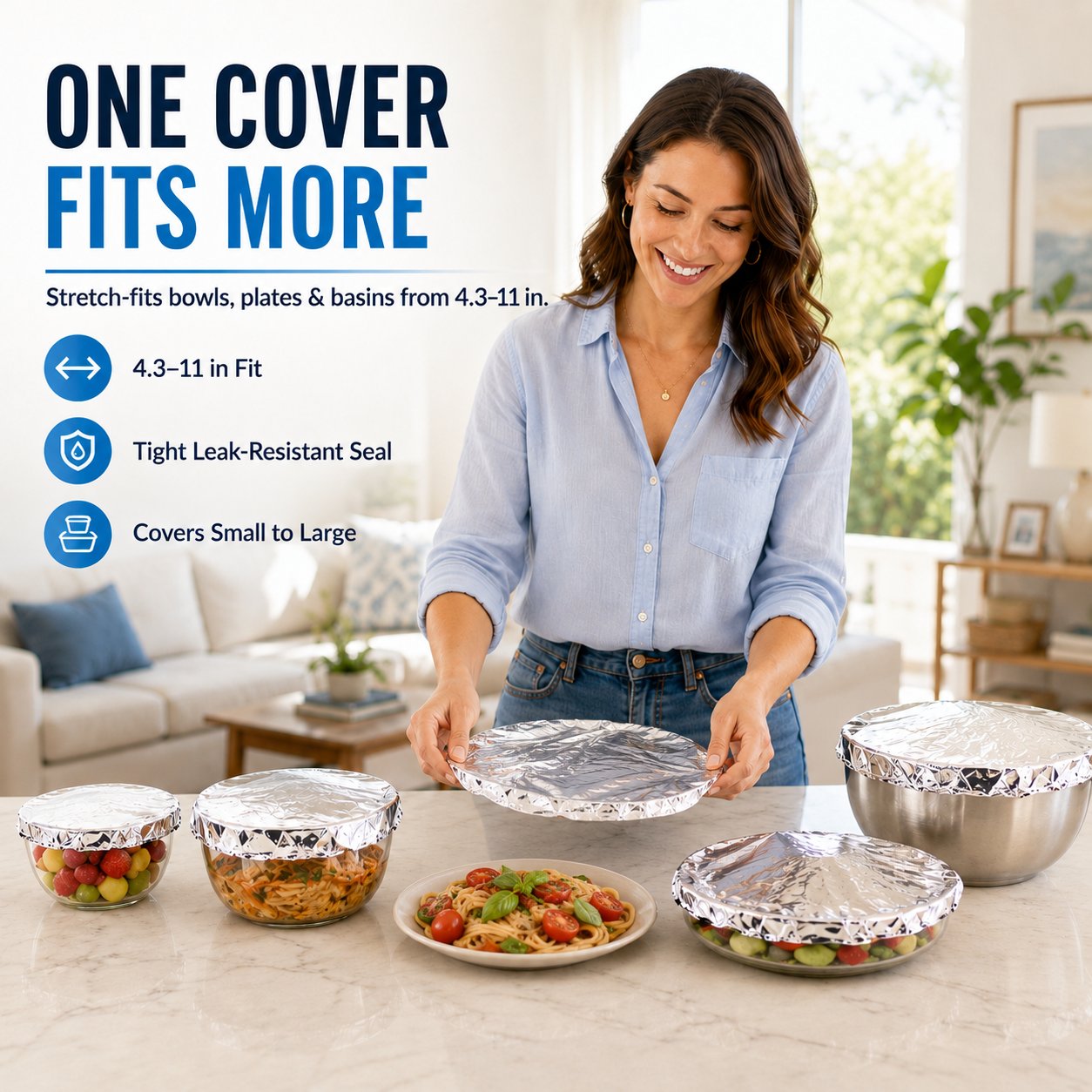 Expandable food covers shown on different container sizes