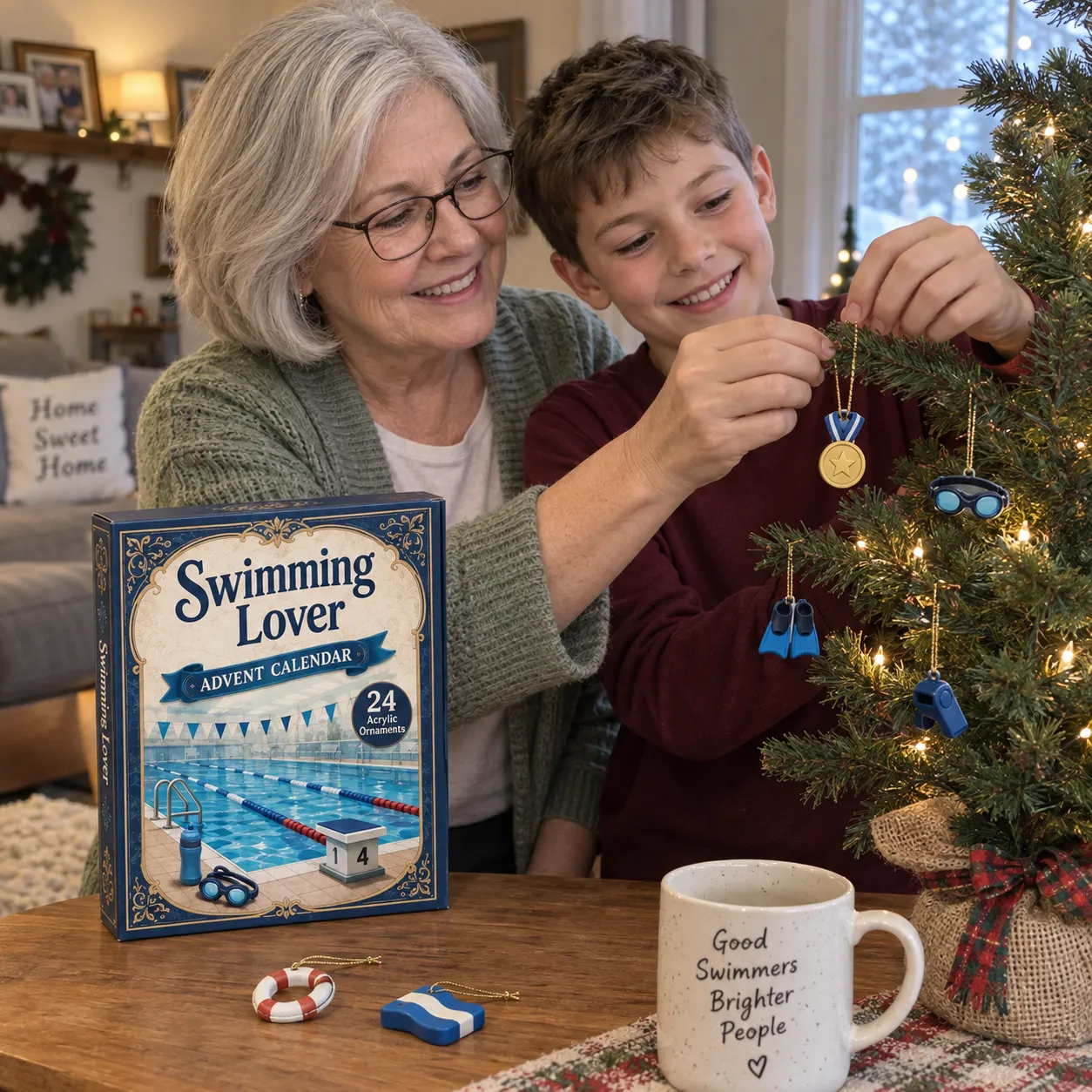 Grandmother and grandson hanging swimming charms on a small Christmas tree