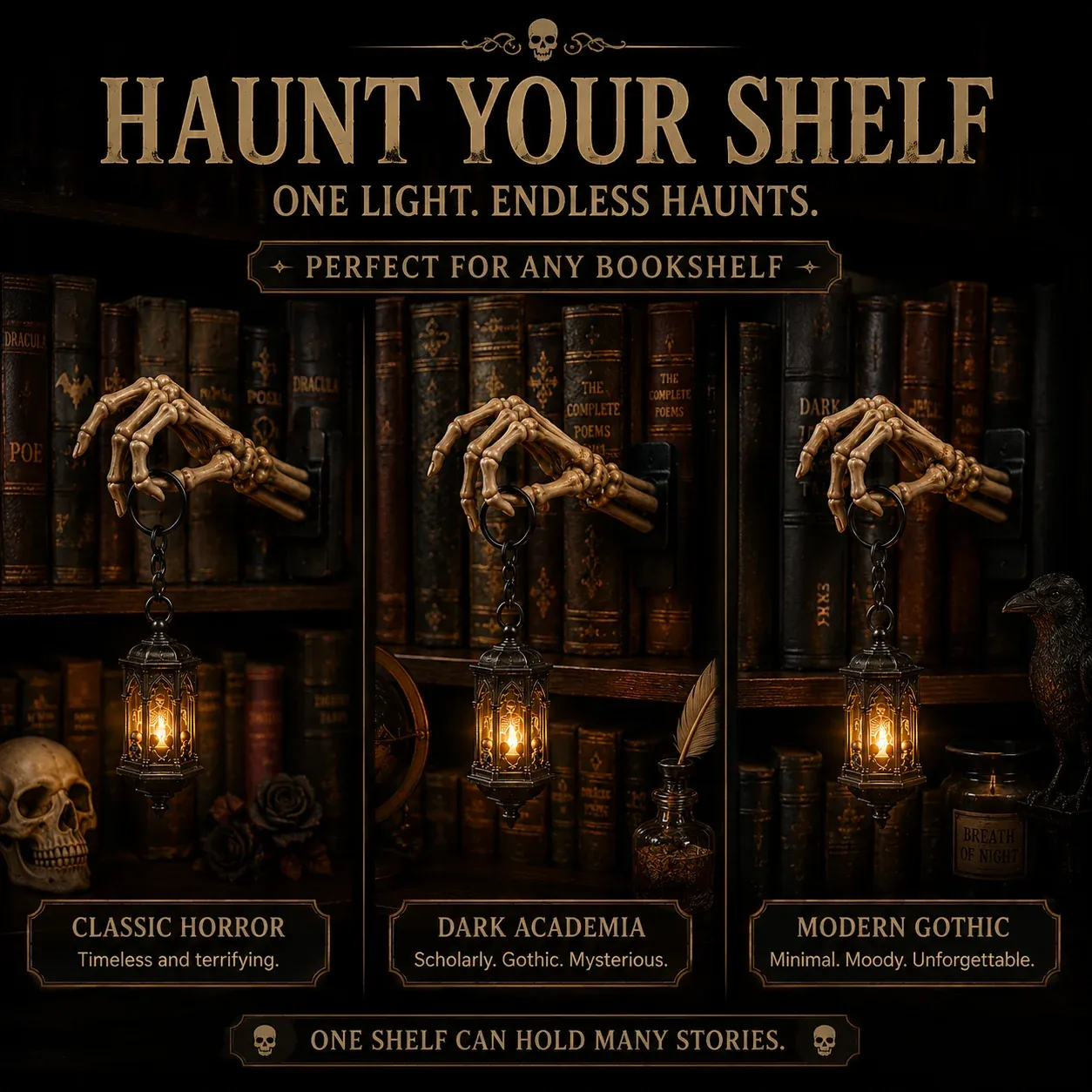 Skeleton Hand Lantern Shelf Light in classic horror dark academia and modern gothic decor