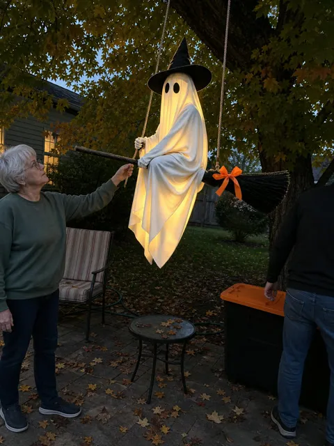 Flying broom ghost being rehung in a backyard at dusk