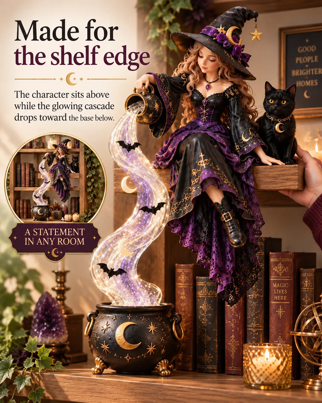 Witch shelf-edge display showing the character above and cauldron below
