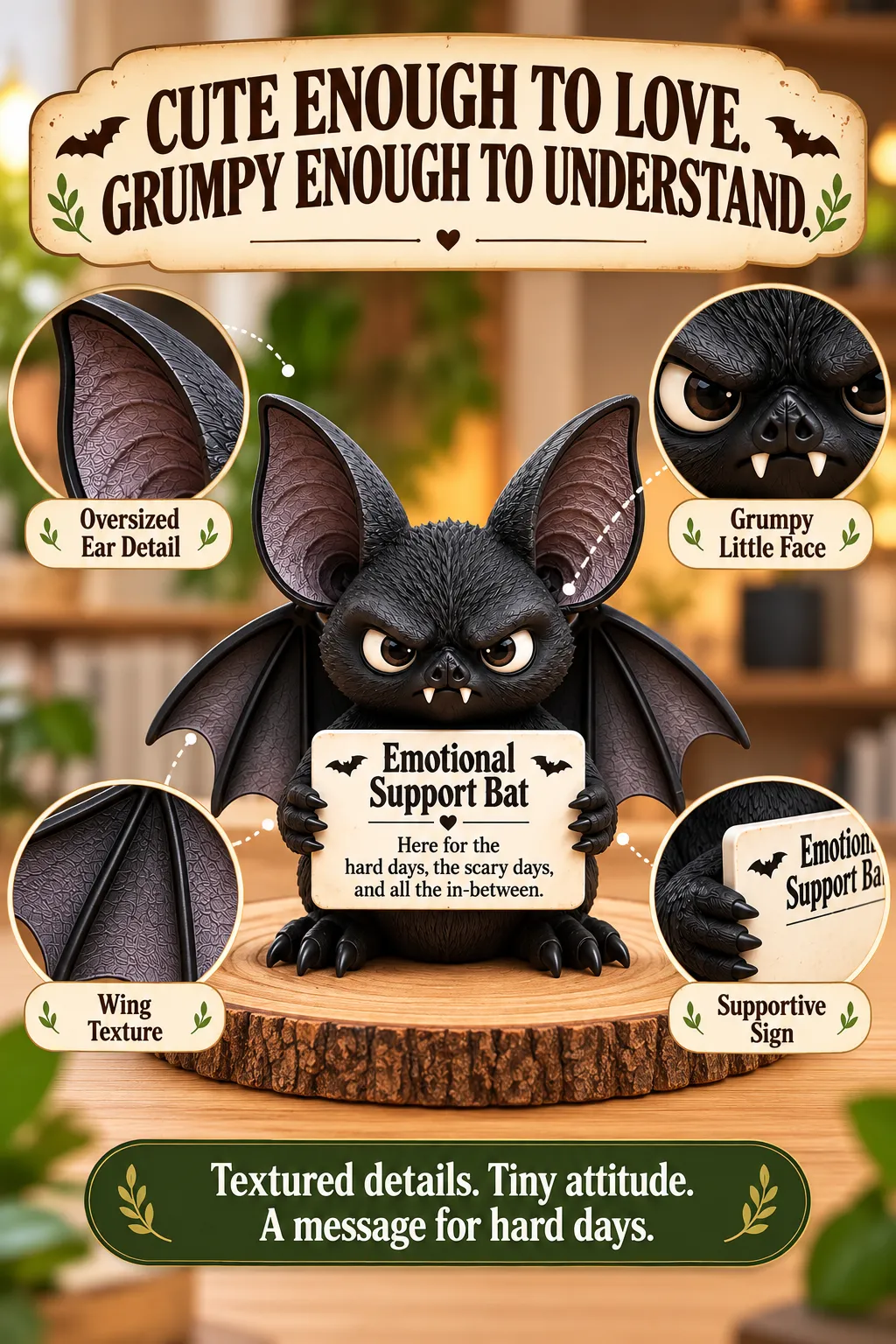 Bat detail image showing its ears, grumpy expression, textured wings, and supportive sign