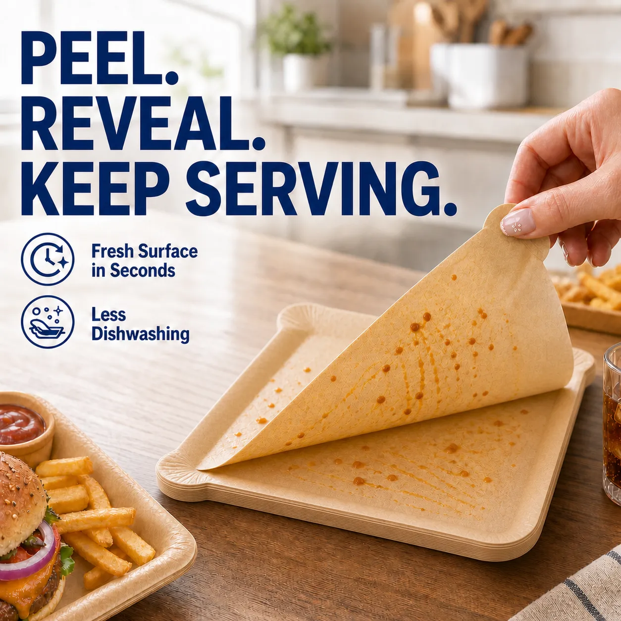 Square paper tray with a flexible formed liner peeling from its upper-right tab