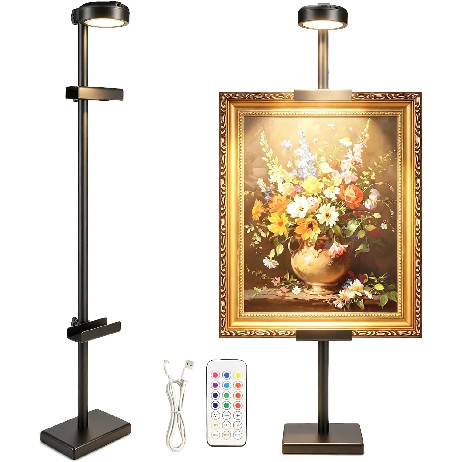 Complete black picture frame stand kit with light remote and USB cable