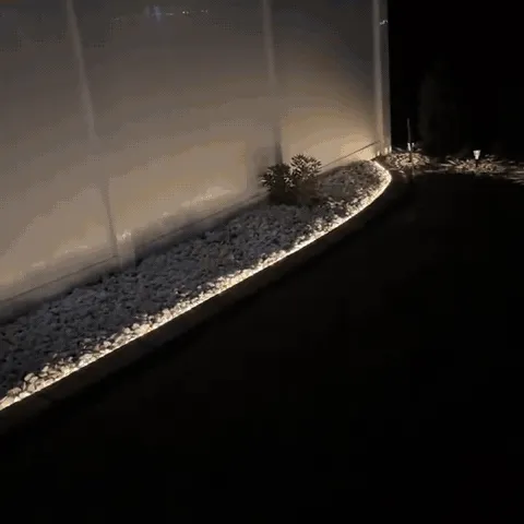 Cool white solar strip light tracing a garden edge