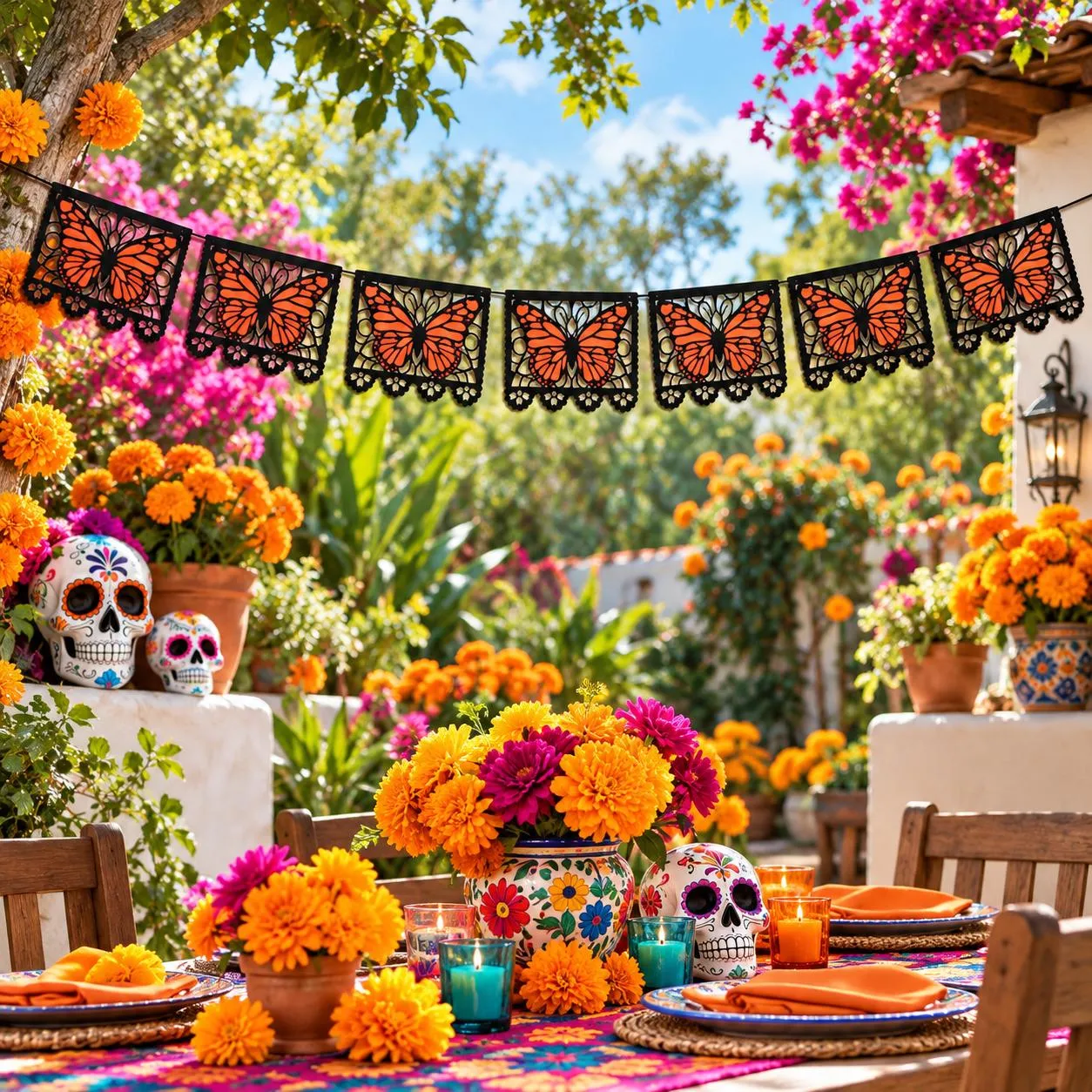 Banner displayed across a Día de los Muertos setting