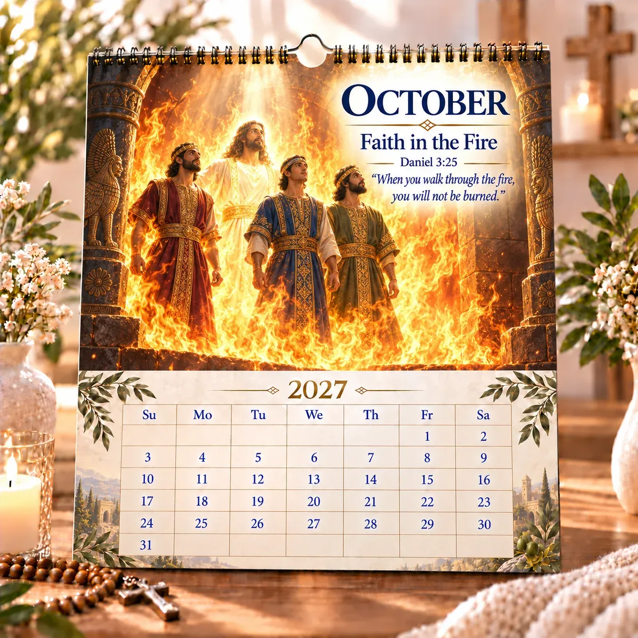 October 2027 calendar page — Faith in the Fire