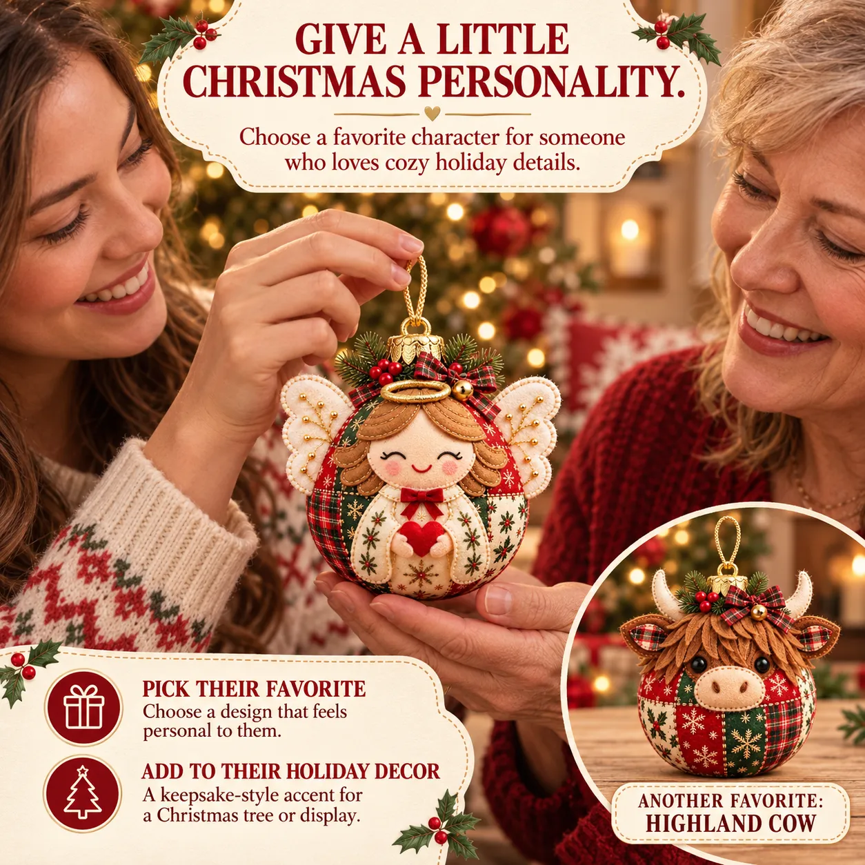 Christmas gifting scene with a finished Blessing Angel ornament and Highland Cow design