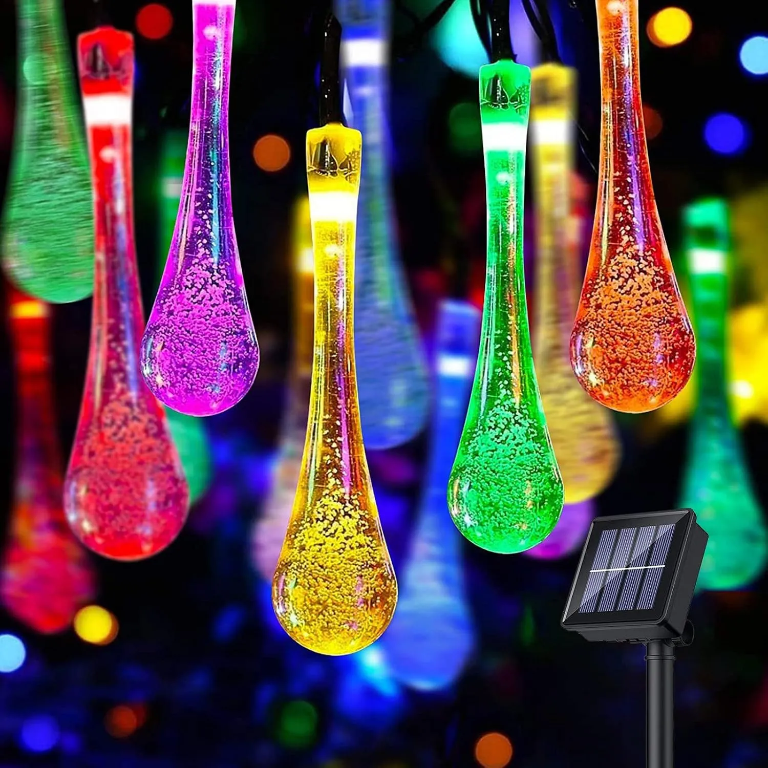 Close view of clear multicolor bubble teardrop lights and the separate solar panel