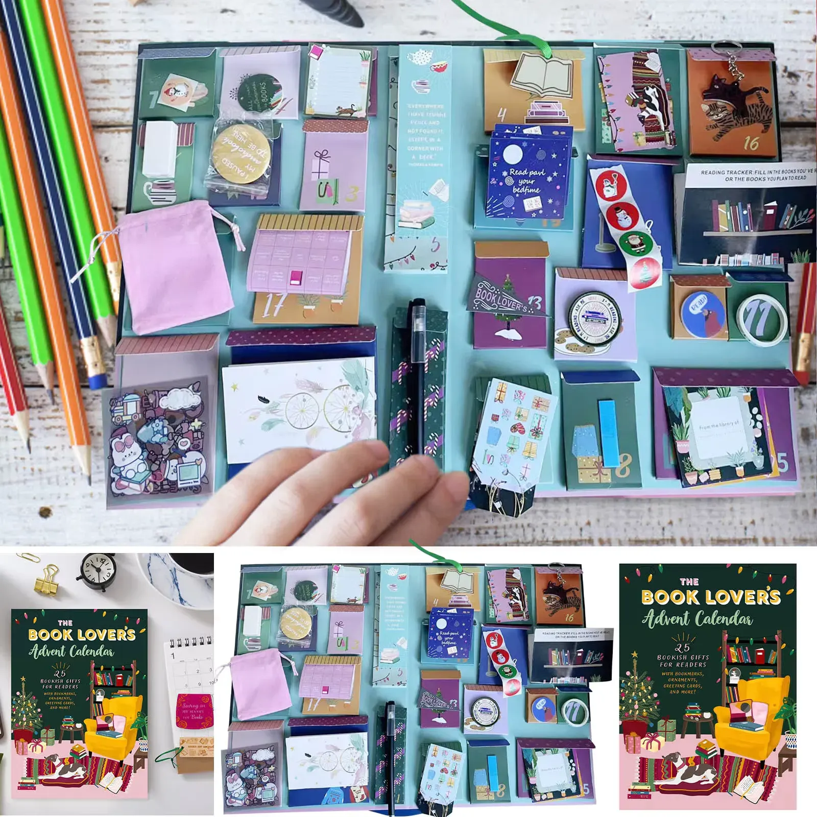 Original product photo showing opened calendar pockets and reading-themed gifts