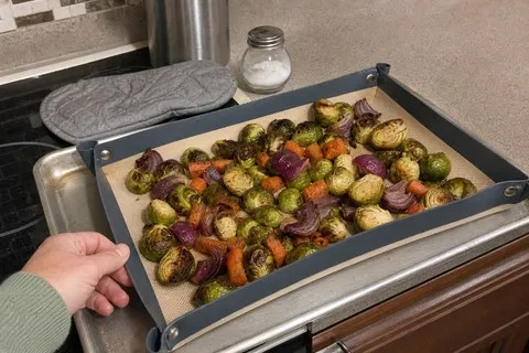 Gray snap-corner baking mat with roasted vegetables