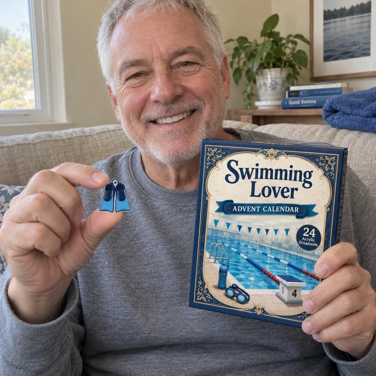 Man holding the Swimming Lover calendar and a small swim-fin charm