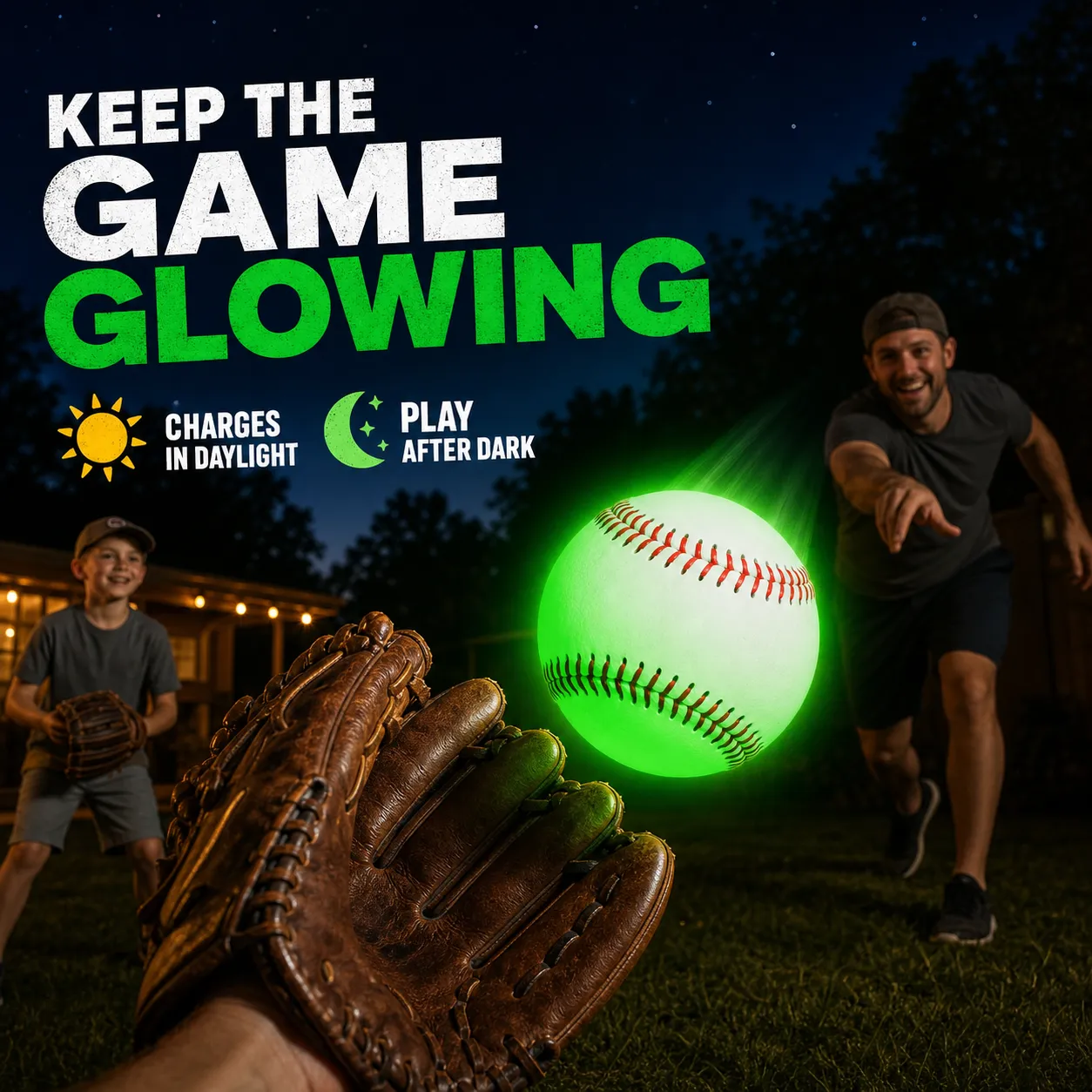 Glow-in-the-dark baseball during an evening backyard catch
