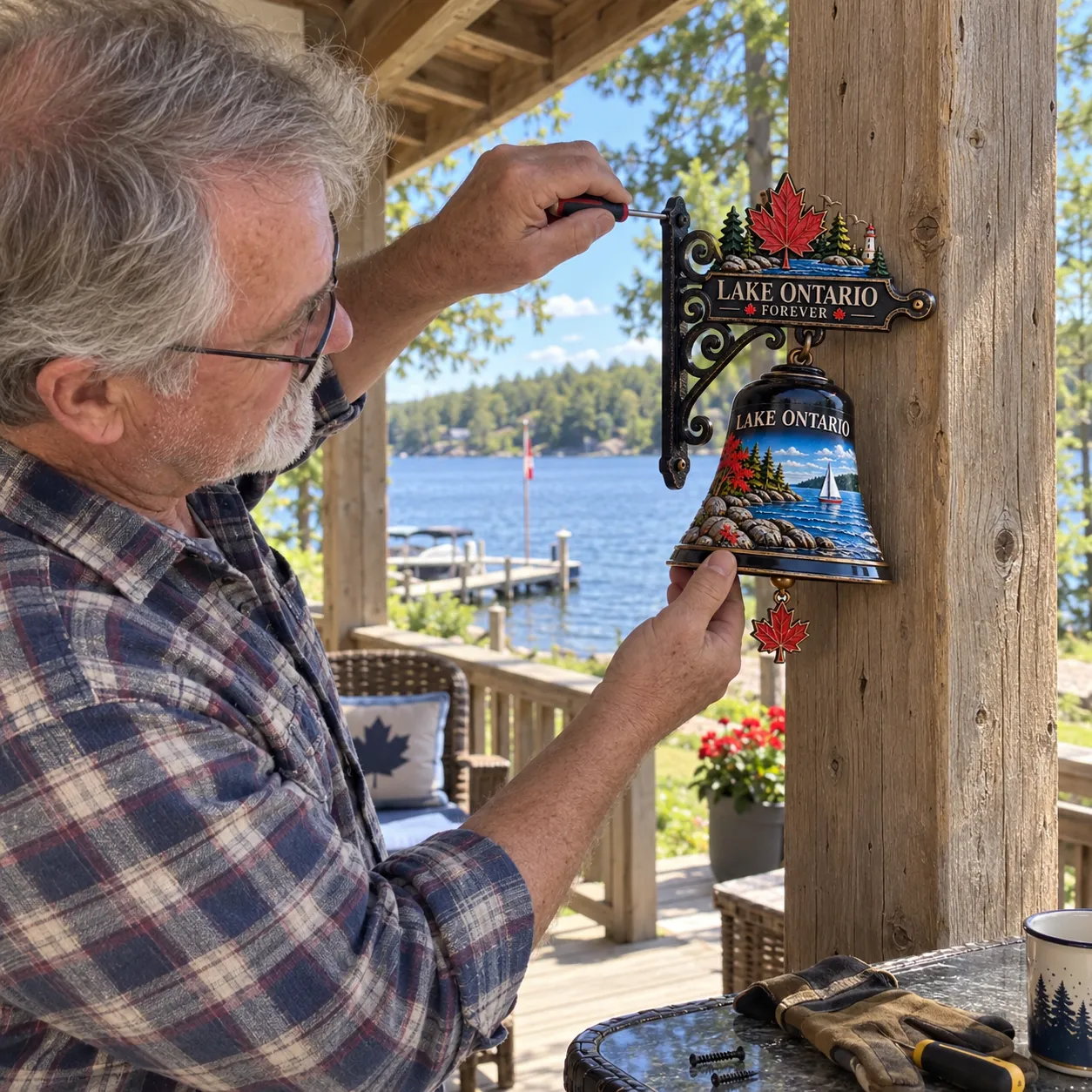 Customer mounting the Lake Ontario hanging bell on a wooden porch post
