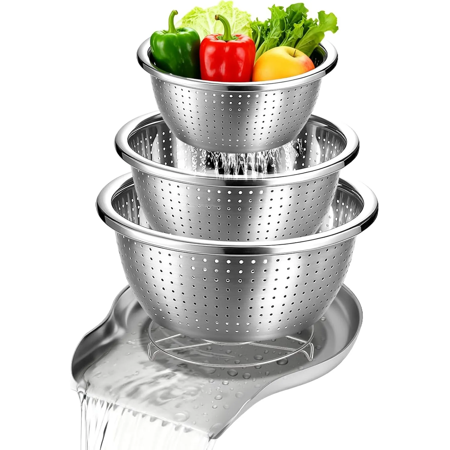 Complete set with three nesting colanders and one draining tray