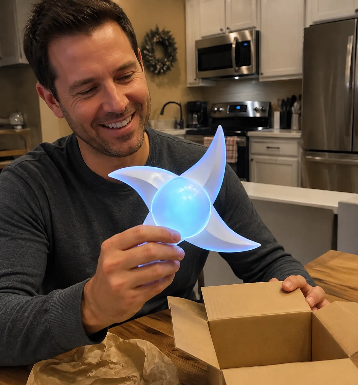 Gift recipient opening the light spinner