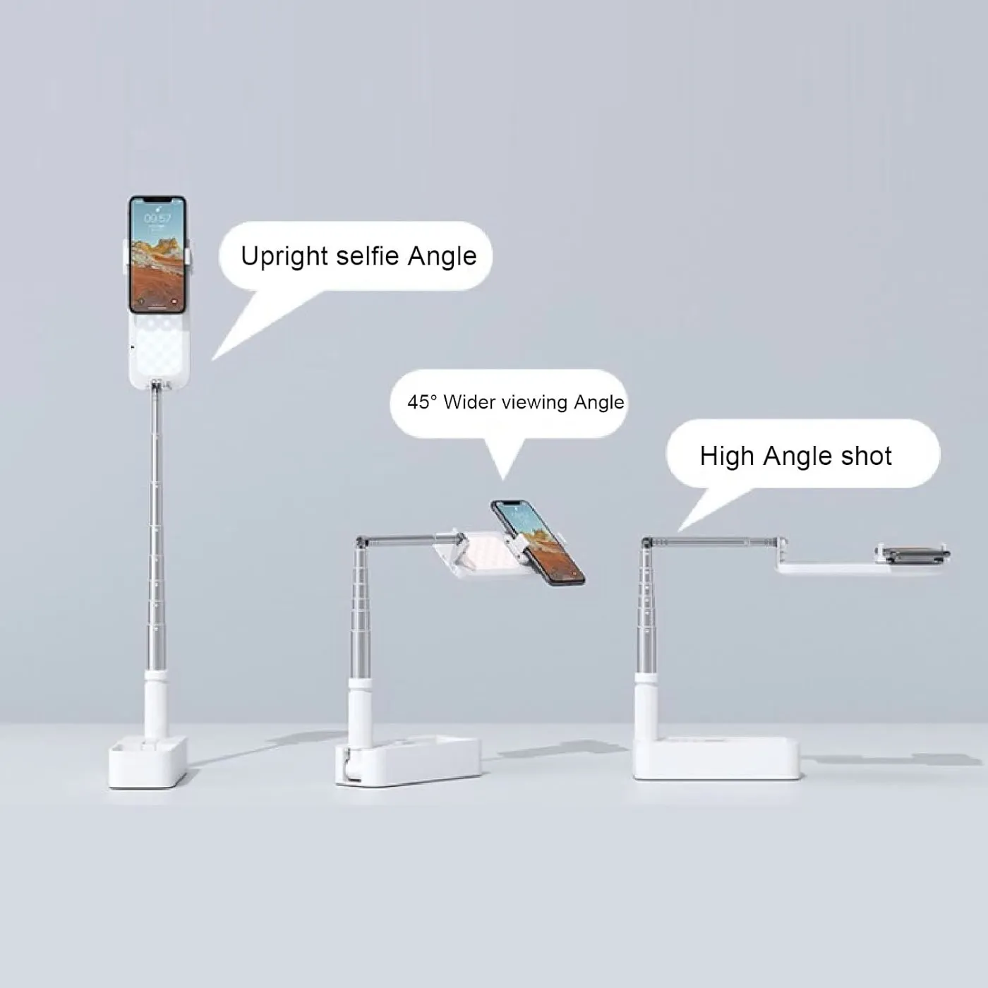 White phone stand shown in upright, angled, and overhead positions
