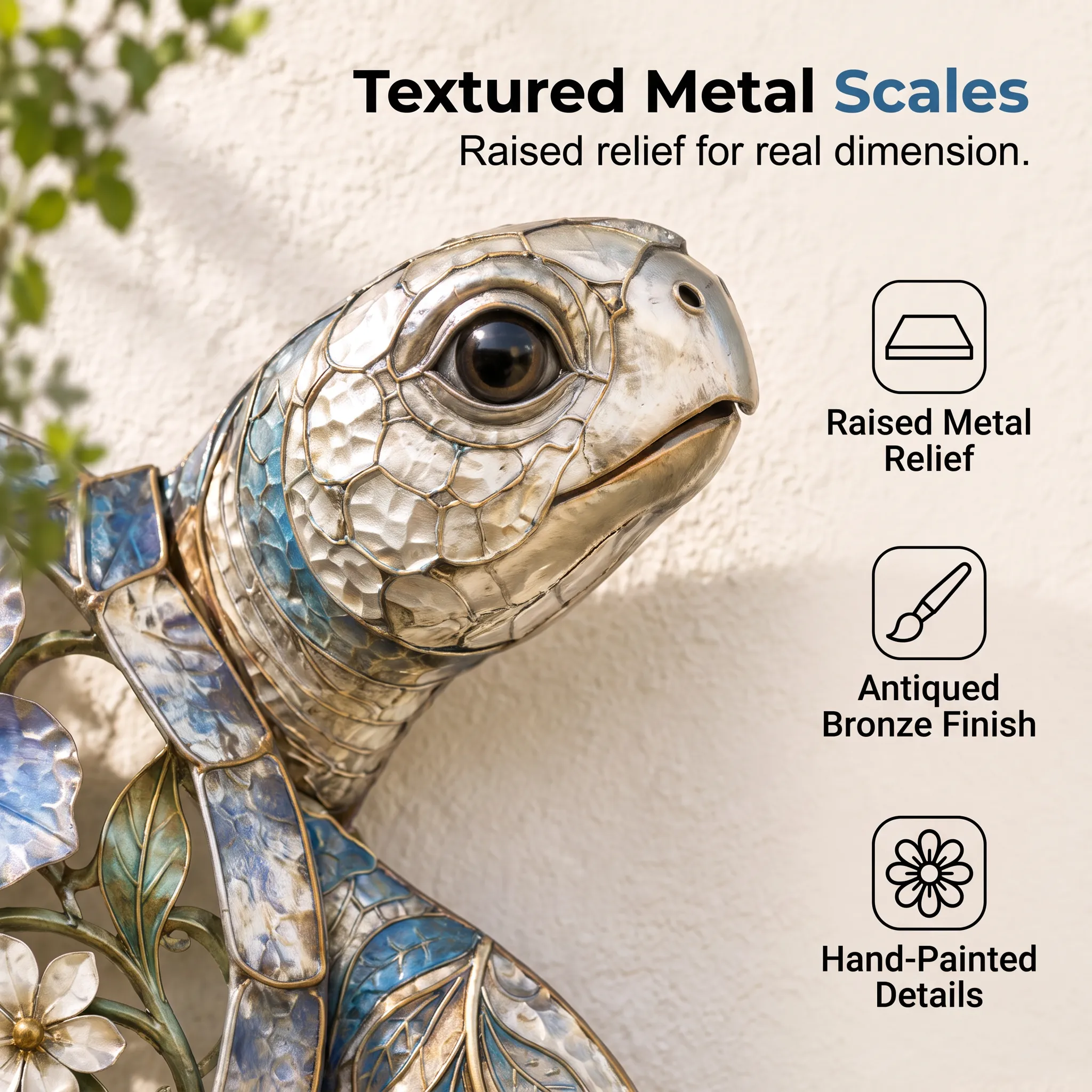 Textured metal scales and enameled color detail — raised relief close-up