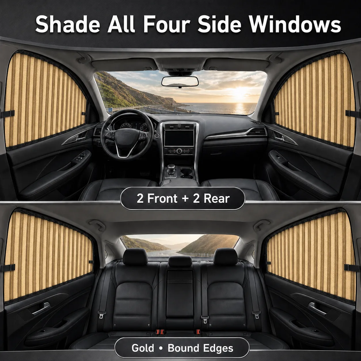 Gold curtains installed across front and rear side windows