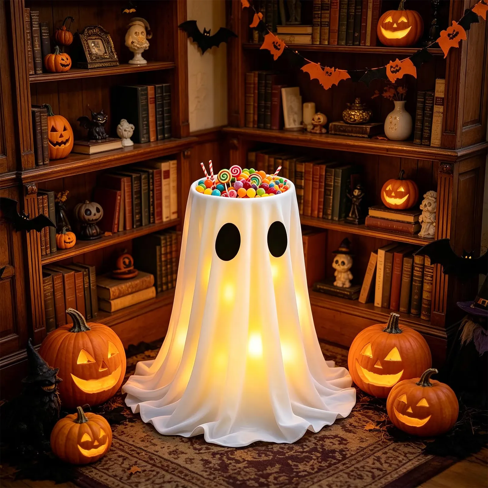 Glowing ghost candy bowl in an indoor Halloween display