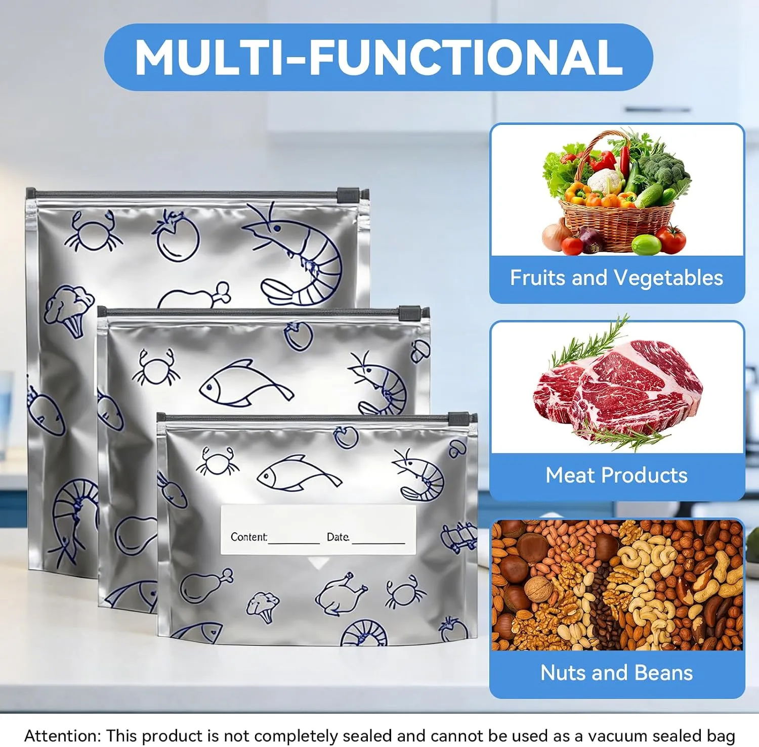 Three sizes of stand-up foil food storage bags and suitable food examples