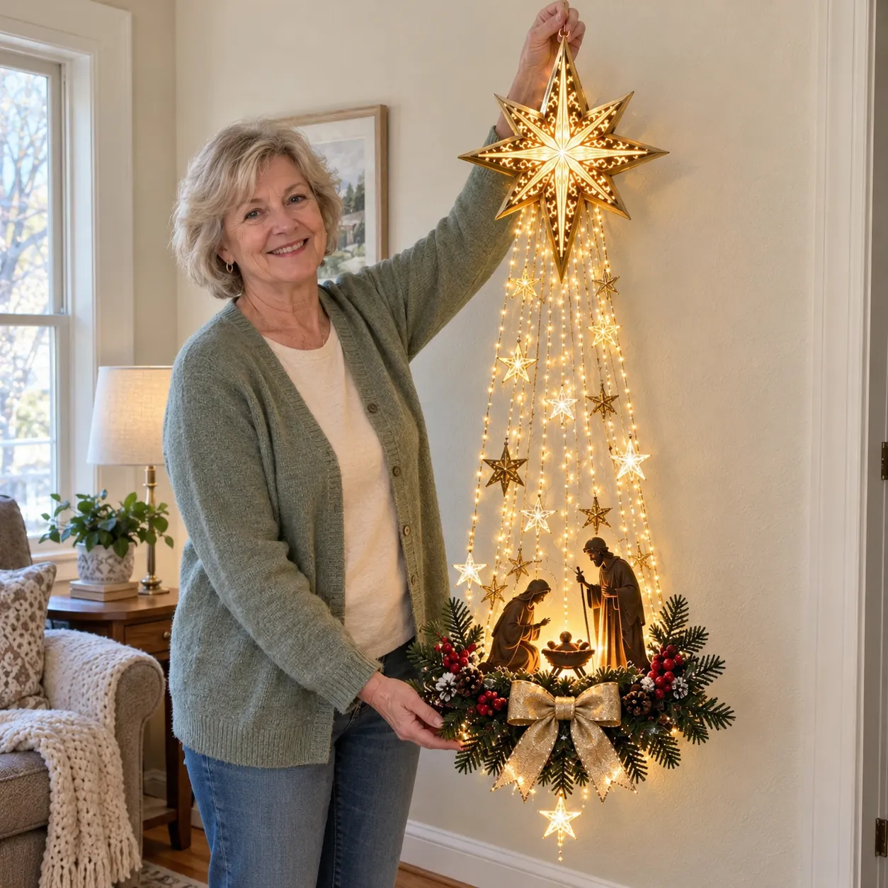 Illustrative scene of a woman holding the complete Bethlehem Star Nativity decoration in daylight