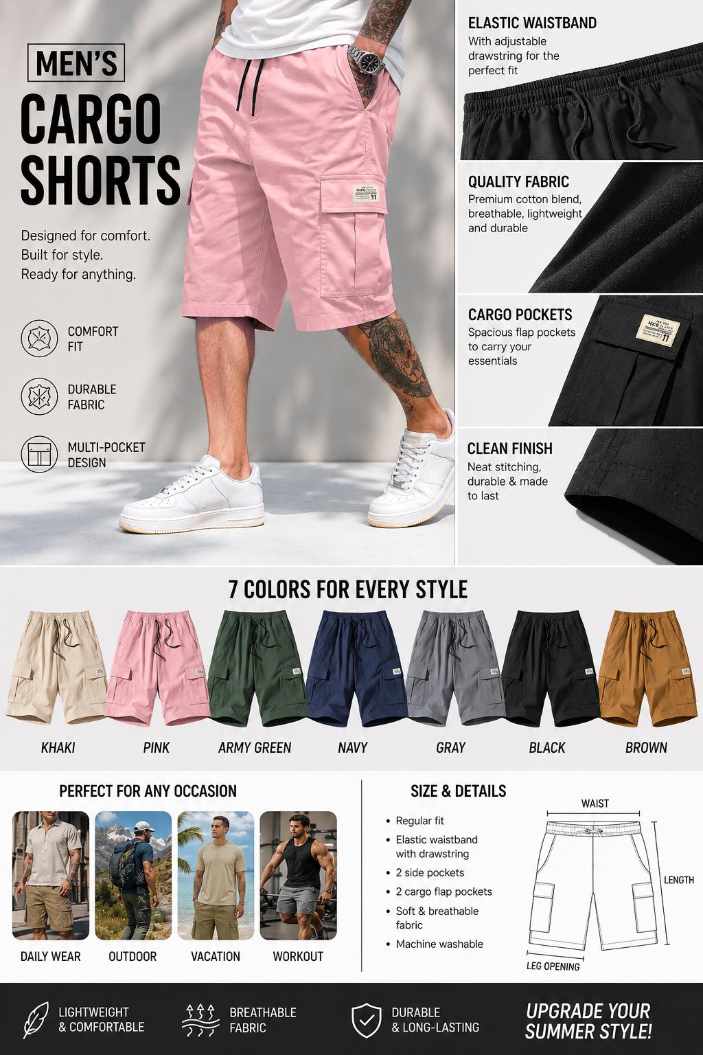 Men's 3-Piece Fitted Matching Shorts Set - Casual Summer Drawstring Color-Mixed Shorts, Lightweight Breathable, Slanted Multipocket, Versatile Everyday Beach Gym Wear Brown, Black, Green, Pink, Color-Mixed Men's Shorts, Fitted Men's Shorts