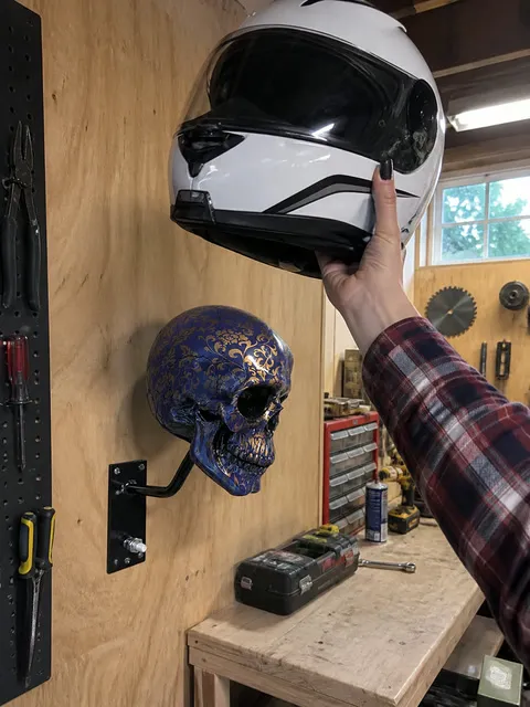 Blue and gold skull mount in a workshop