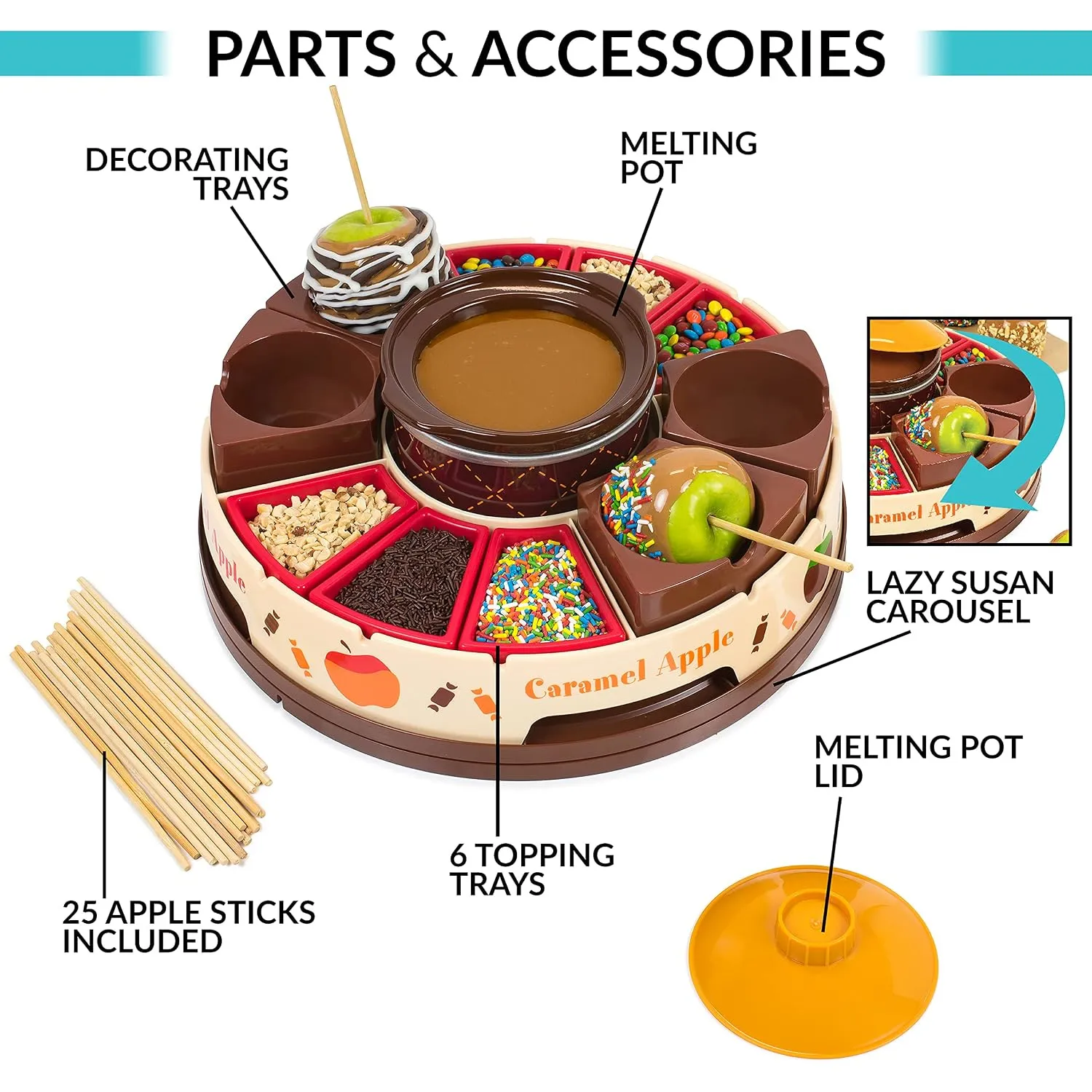 Parts and accessories included with the apple party maker