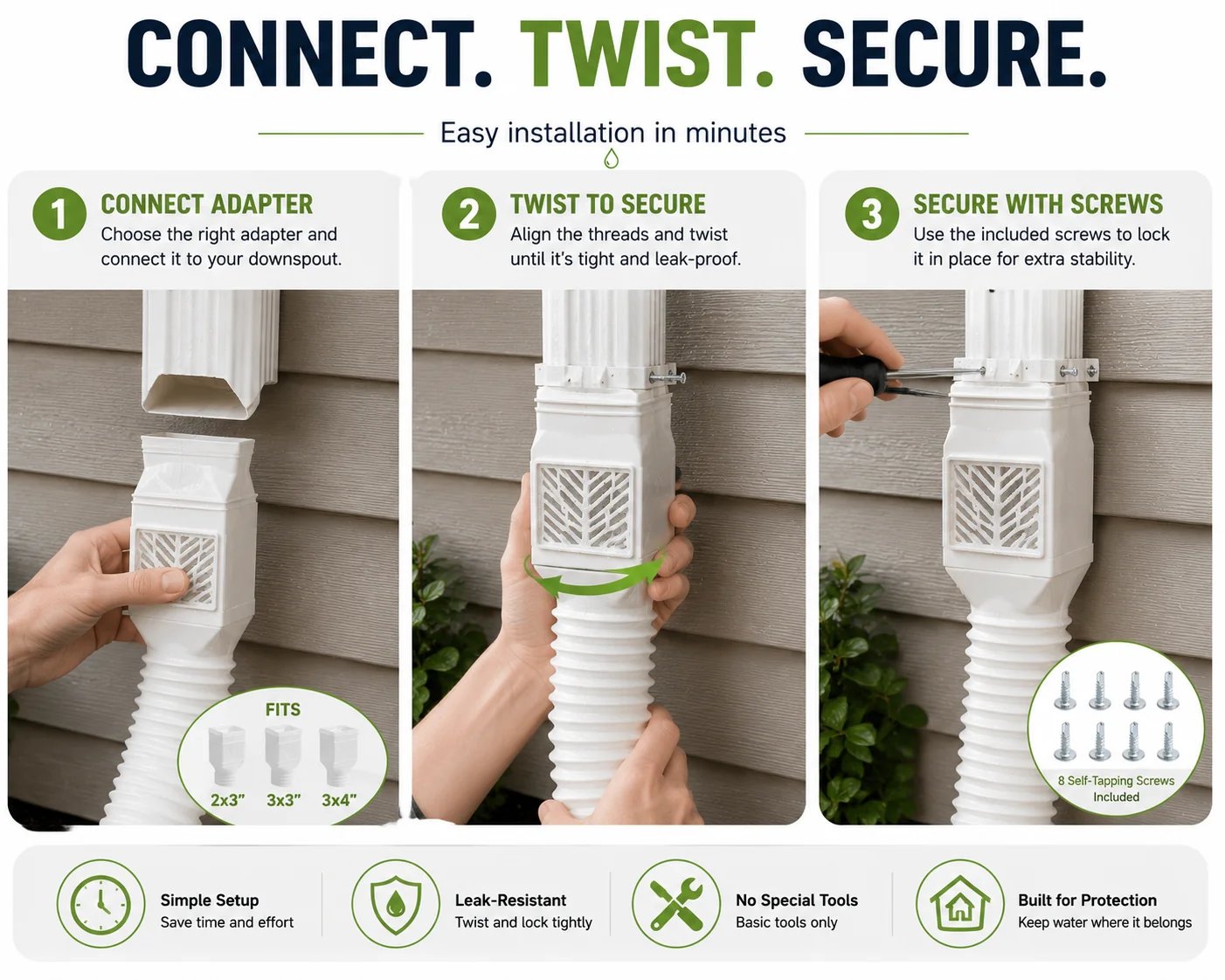 Flexible downspout extension installation steps with adapters and screws