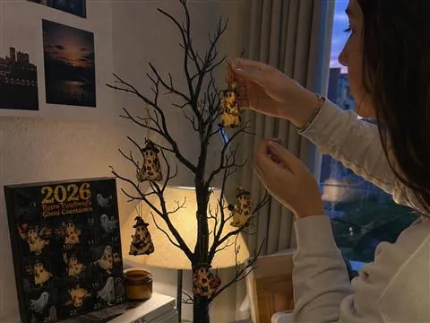 Young adult hanging a flat patchwork ghost ornament on a tabletop tree