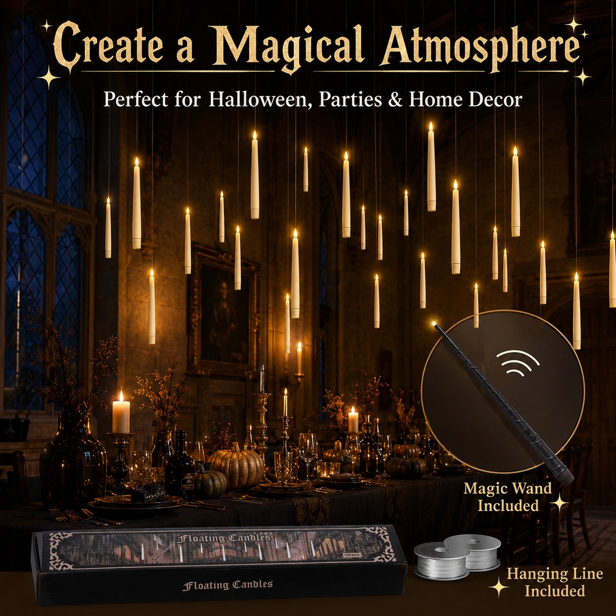 Floating candle visual effect with clear hanging line