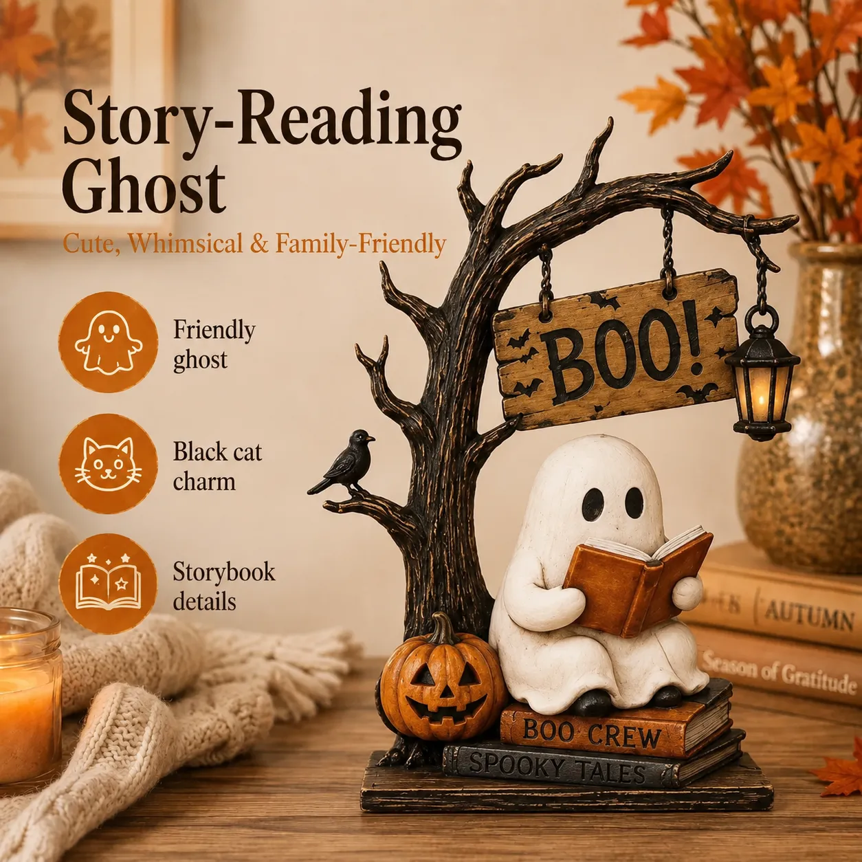 Close view of a friendly reading ghost beneath a BOO sign and lantern