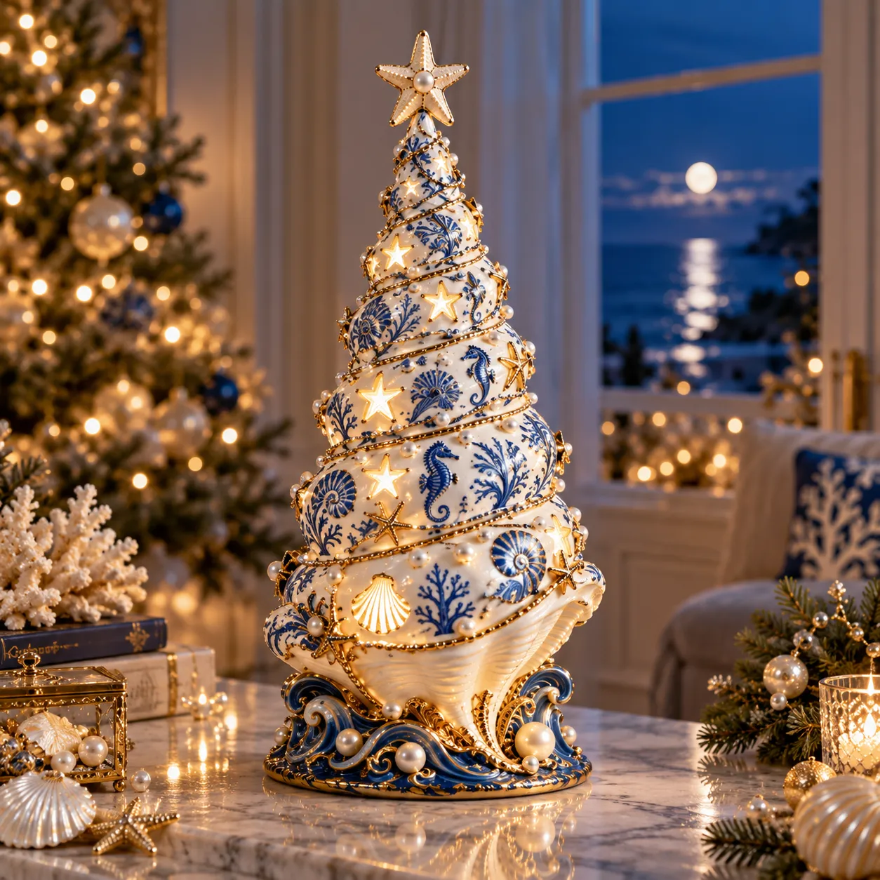Illuminated blue and white coastal Christmas seashell tree