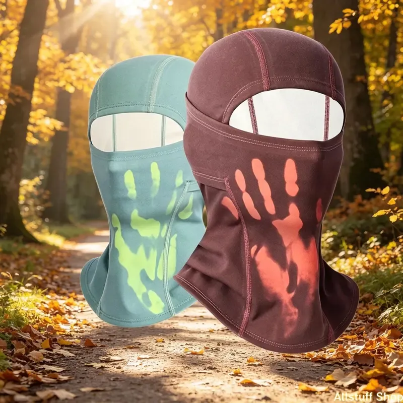 Blue-green and grape-red balaclavas with bright handprint-style heat-reactive marks