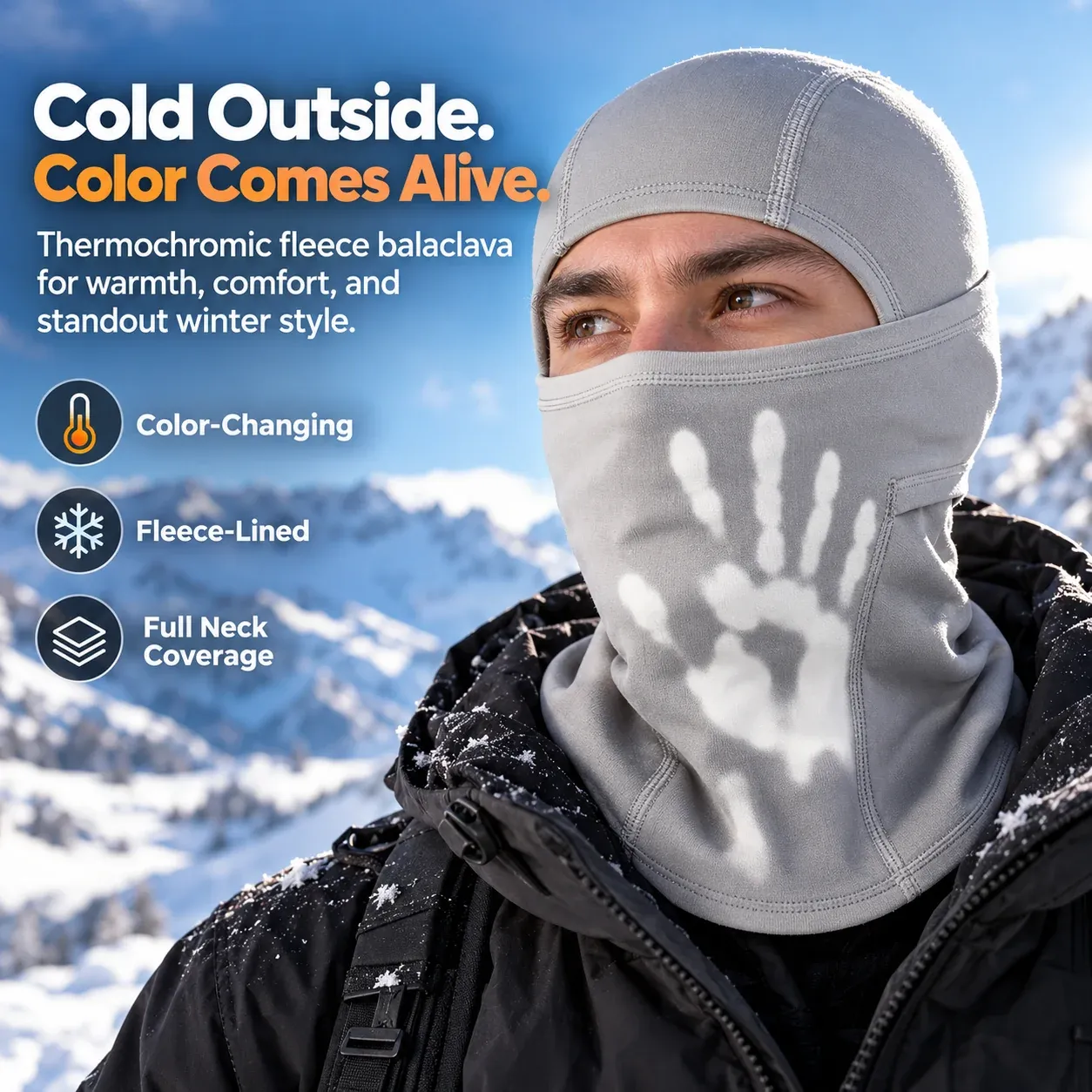 Gray heat-reactive balaclava worn outdoors with a light handprint on the face panel