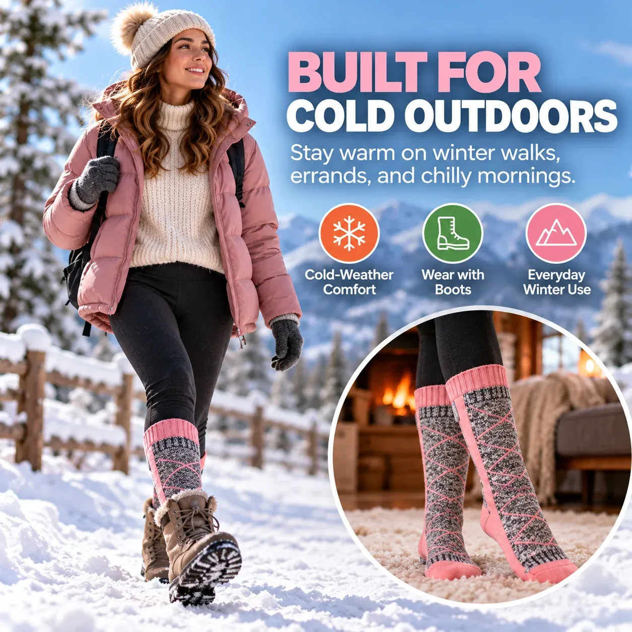 ThermoWarm heated socks worn with winter boots outdoors