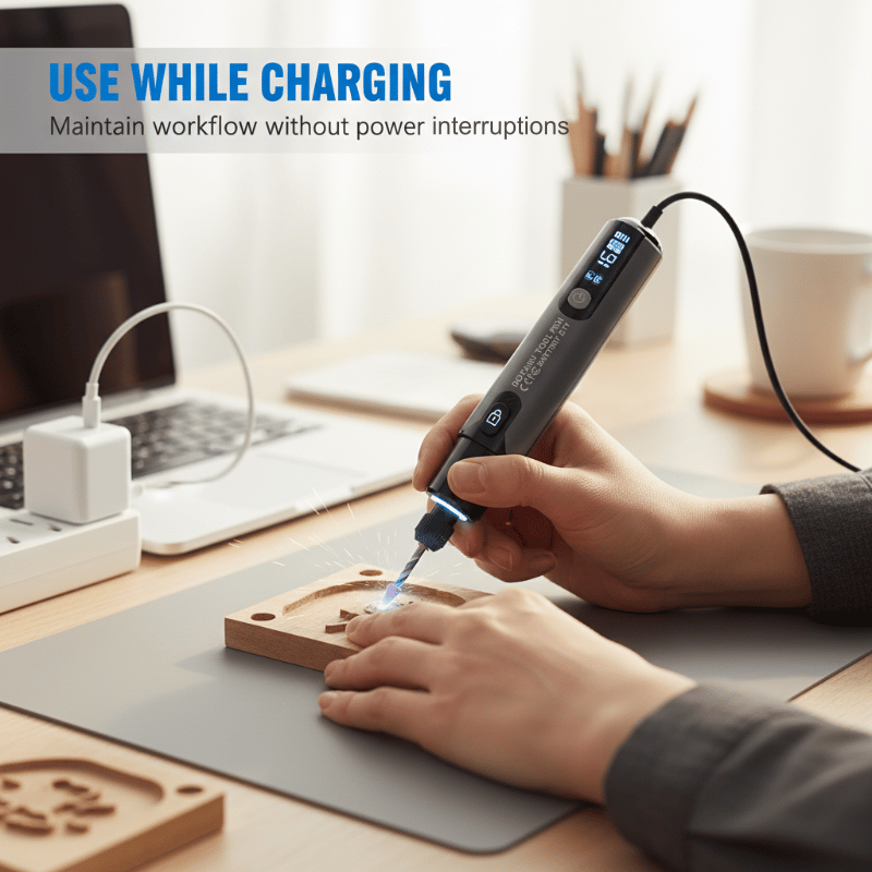 Portable rotary tool working while connected to a charging cable